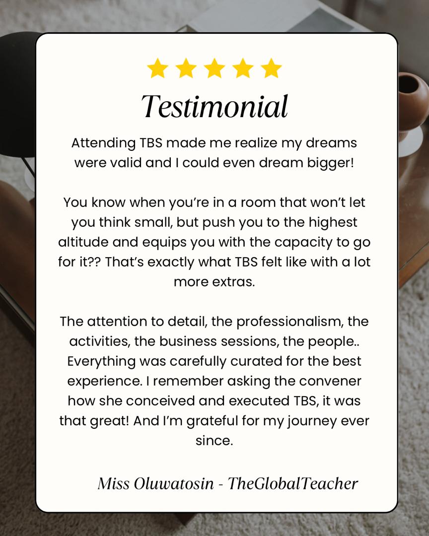 Five-star testimonial from Miss Oluwatosin of TheGlobalTeacher