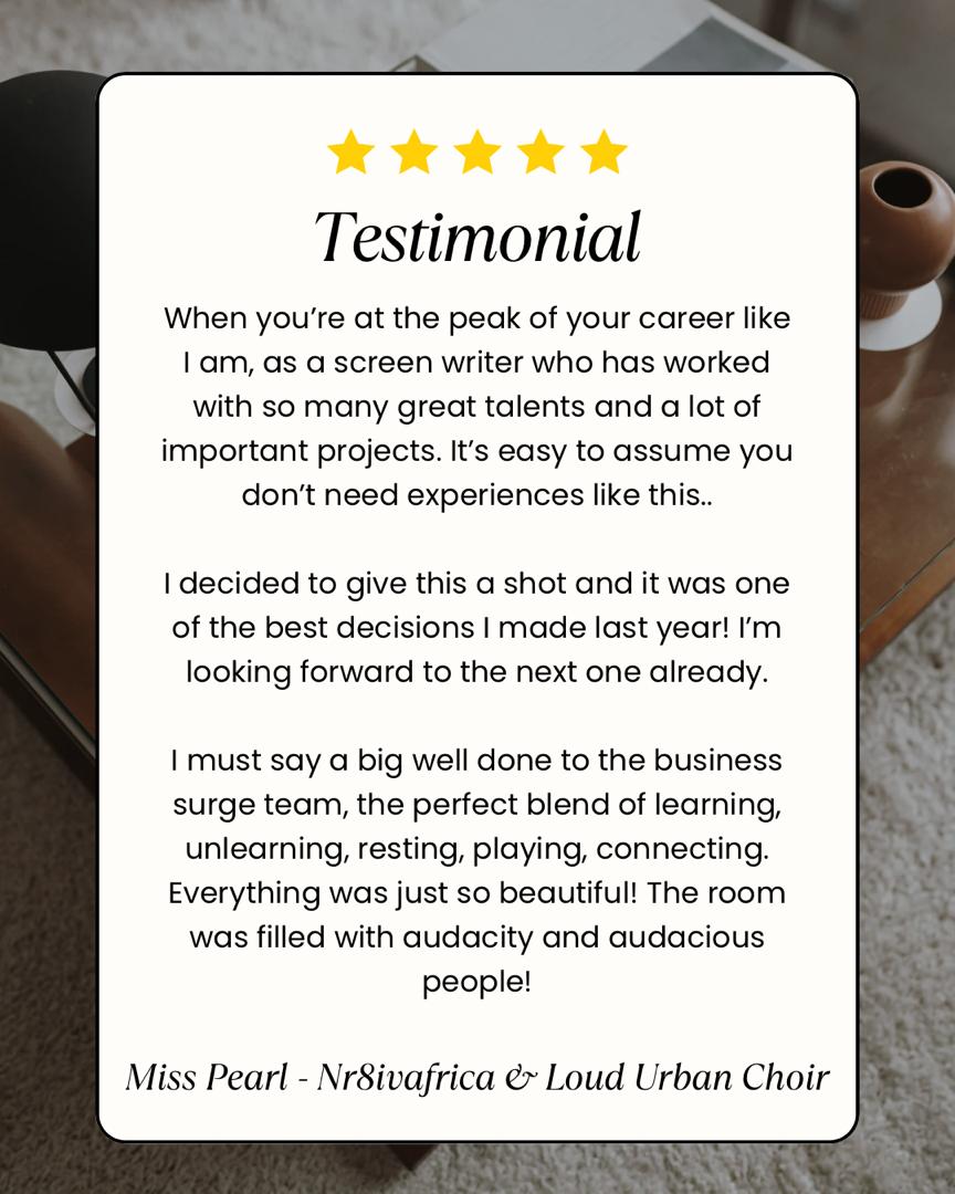 Five-star testimonial from Miss Pearl of Nr8ivafrica and Loud Urban Choir