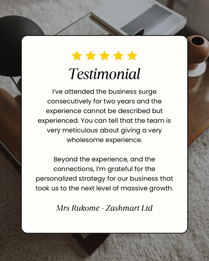 Five-star testimonial from Mrs Rukome of Zashmart Ltd