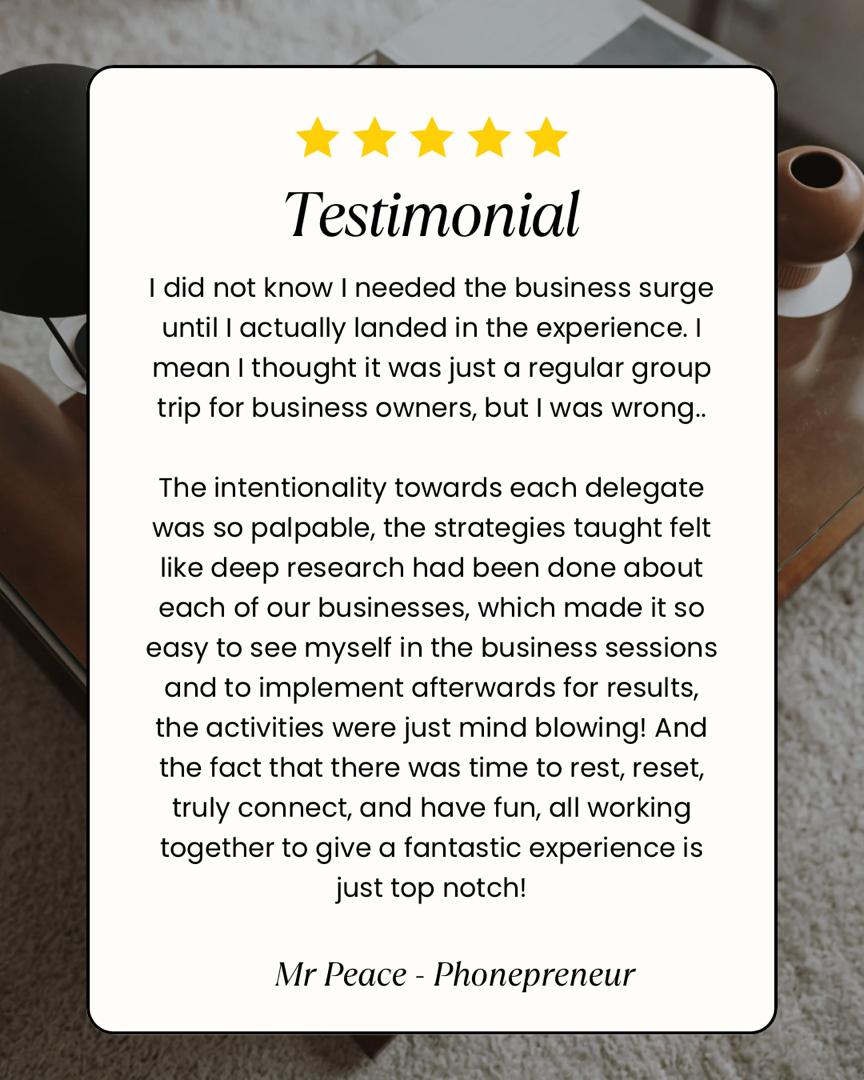 Five-star testimonial from Mr Peace of Phonepreneur