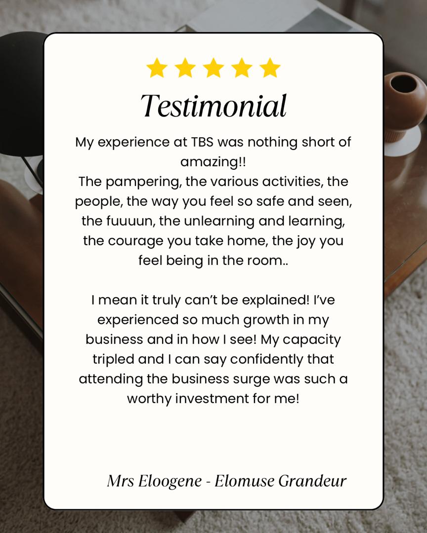 Five-star testimonial from Mrs Eloogene of Elomuse Grandeur